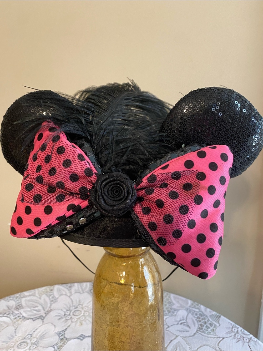 Disney Pink Polka Dot Bow Headband with Black Feathers and Sequined Ears - Picture 1 of 7